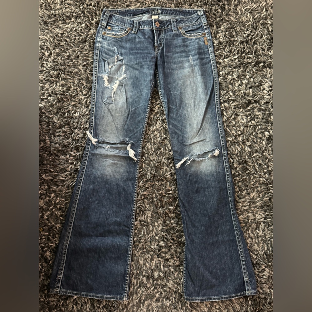Silver Jeans Women's Distressed Blue Boot Cut Jeans